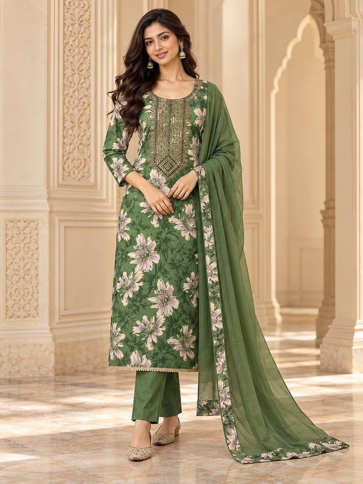 Bottle Green Cotton Blend Embroidered Unstitched Dress Material