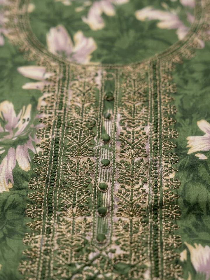 Bottle Green Cotton Blend Embroidered Unstitched Dress Material