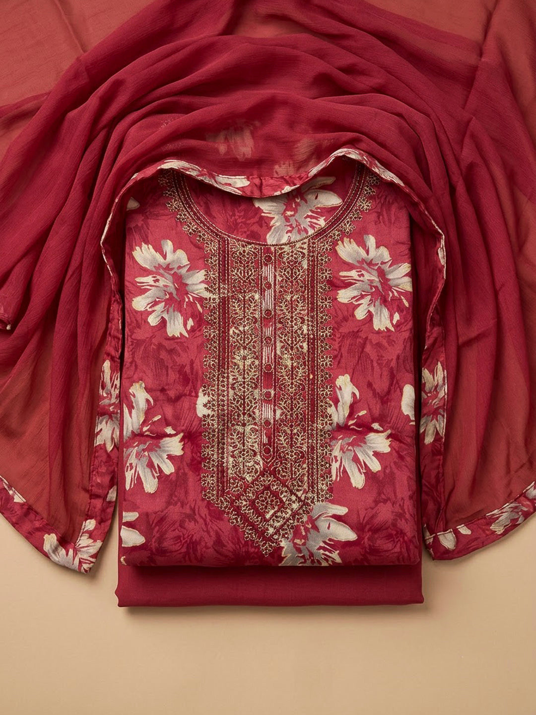Hot Pink Cotton Blend Embroidered Unstitched Dress Material