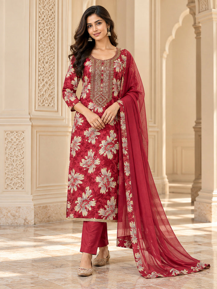 Hot Pink Cotton Blend Embroidered Unstitched Dress Material