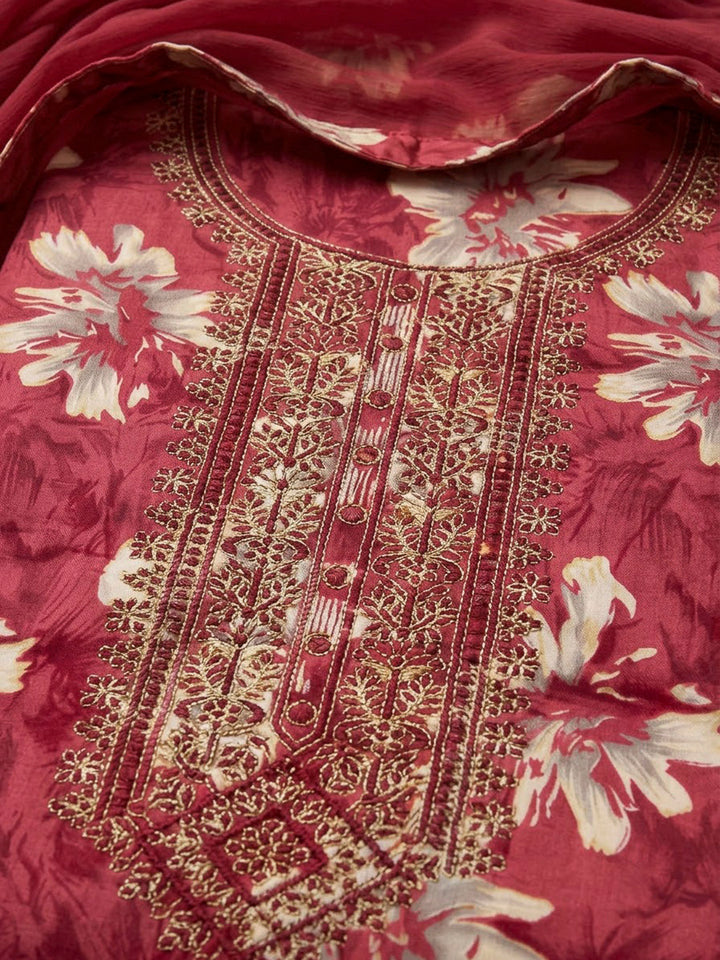Hot Pink Cotton Blend Embroidered Unstitched Dress Material