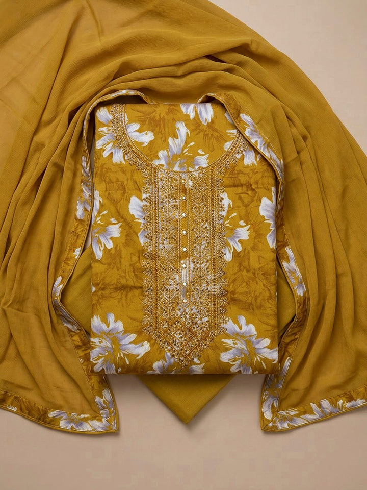Mehndi Cotton Blend Embroidered Unstitched Dress Material
