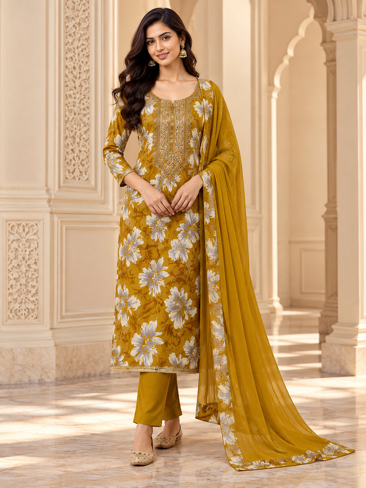 Mehndi Cotton Blend Embroidered Unstitched Dress Material