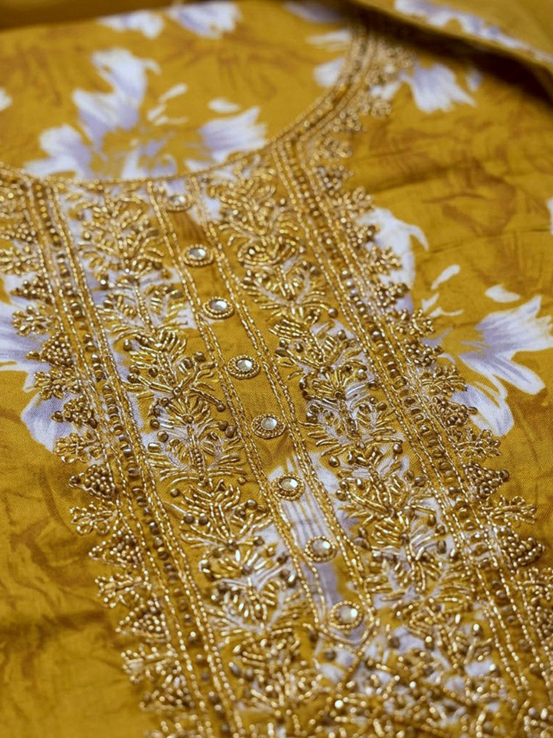 Mehndi Cotton Blend Embroidered Unstitched Dress Material