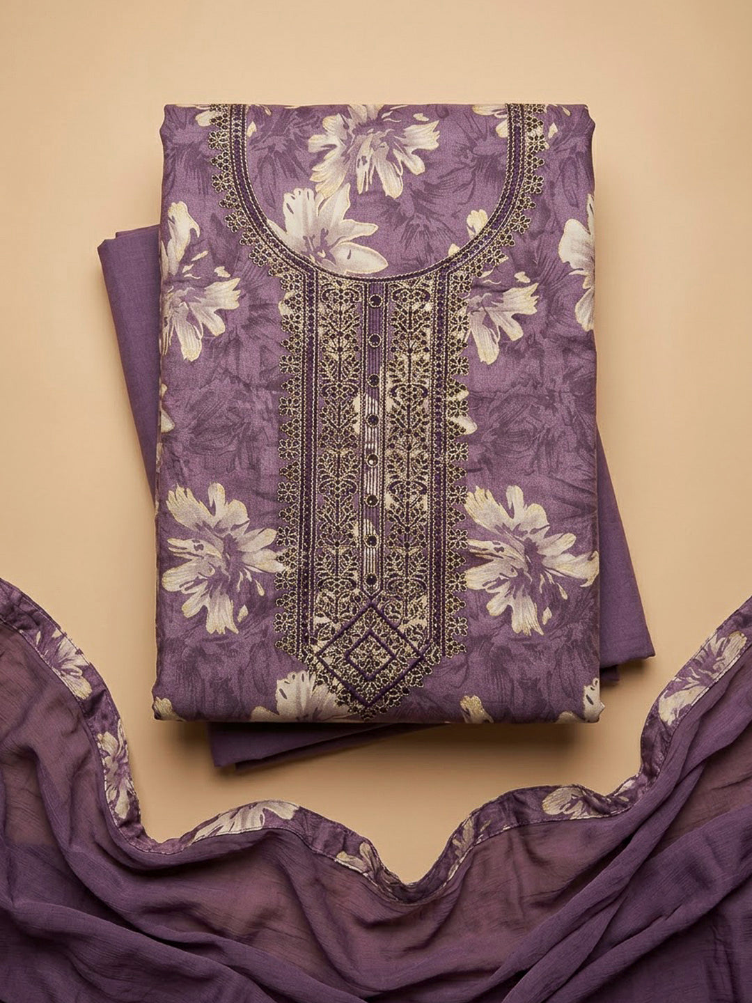 Purple Cotton Blend Embroidered Unstitched Dress Material