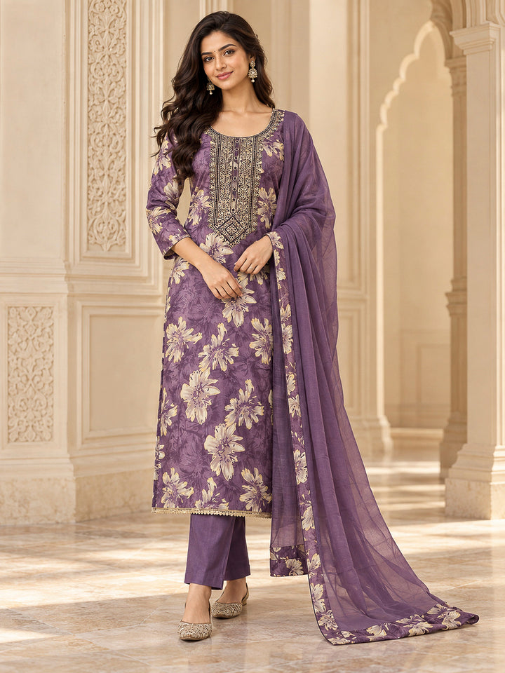Purple Cotton Blend Embroidered Unstitched Dress Material