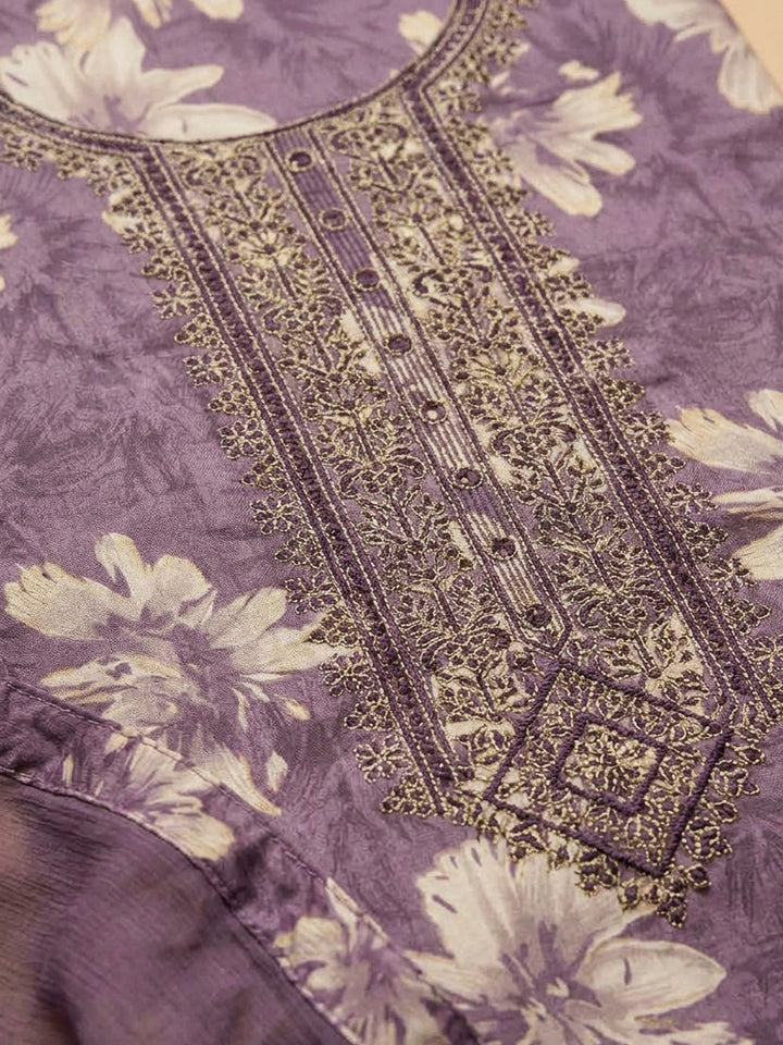 Purple Cotton Blend Embroidered Unstitched Dress Material