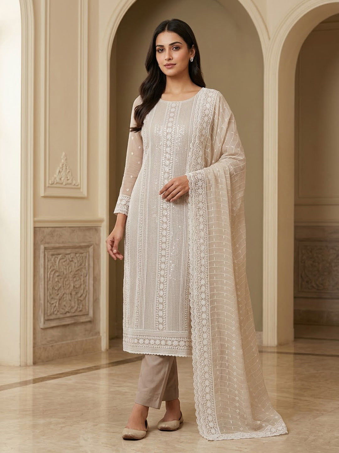 Beige Georgette Embroidered Unstitched Dress Material