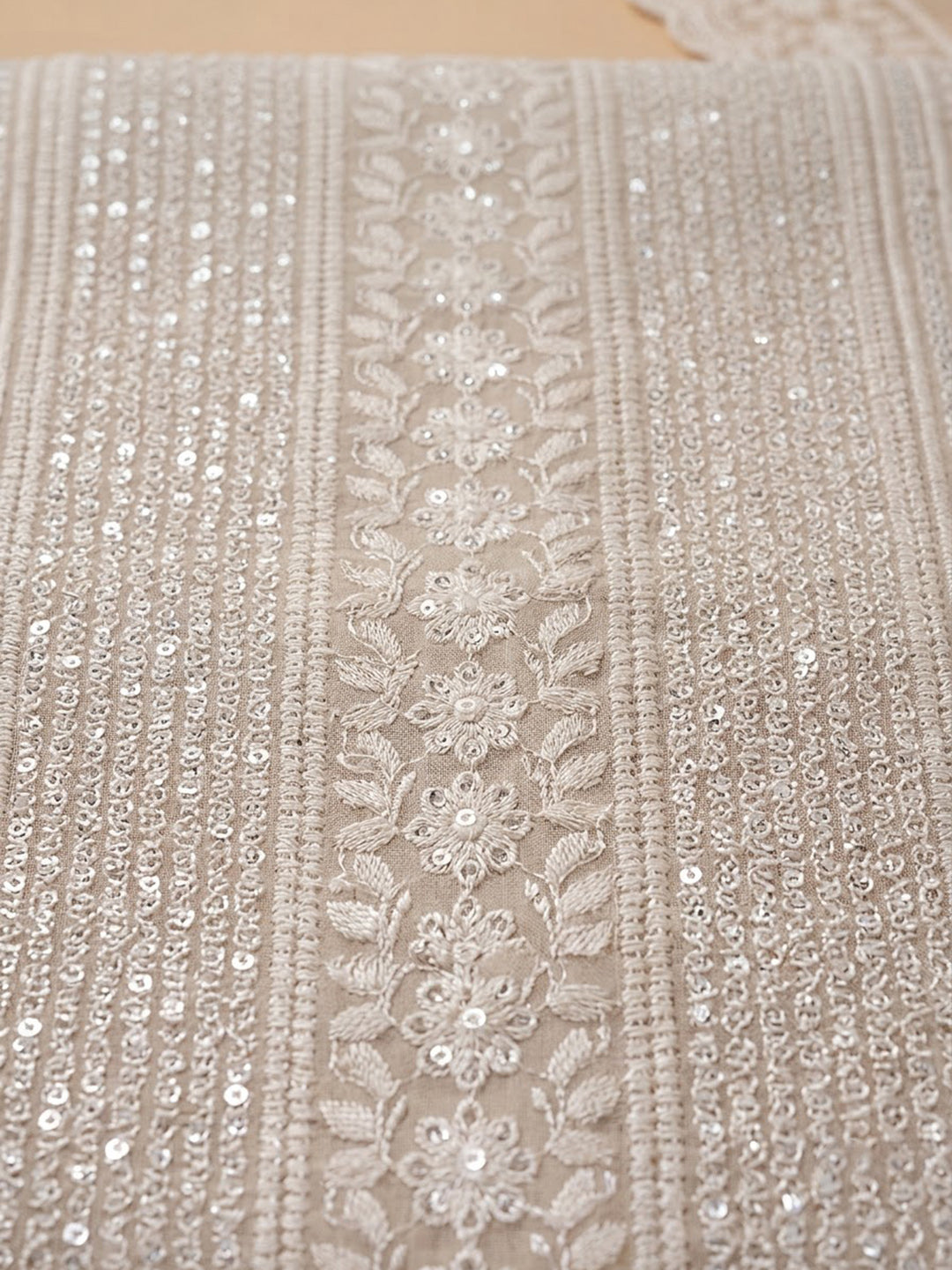Beige Georgette Embroidered Unstitched Dress Material