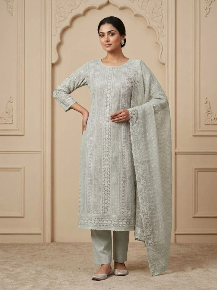 Grey Georgette Embroidered Unstitched Dress Material