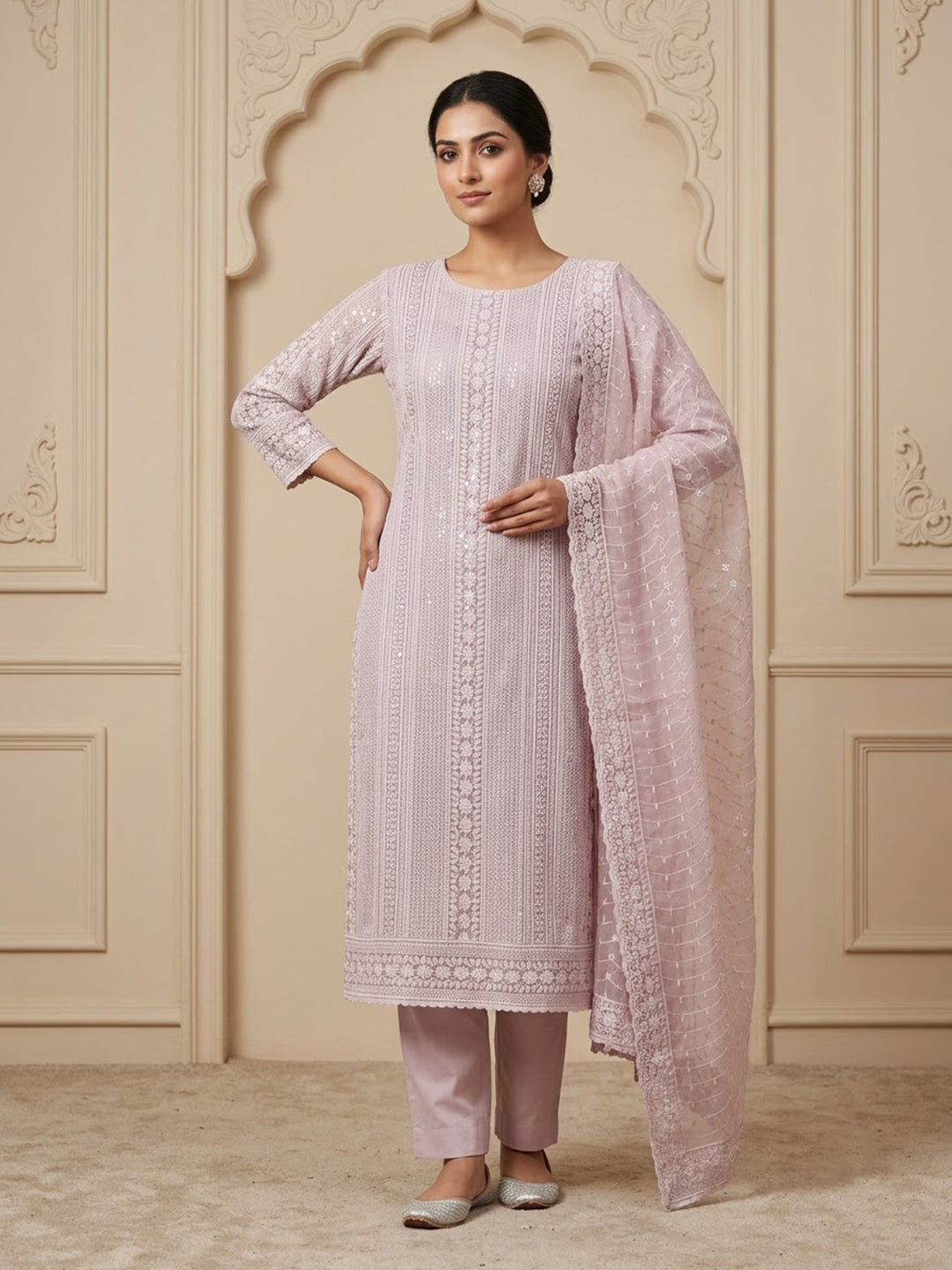 Onion-Pink Georgette Embroidered Unstitched Dress Material