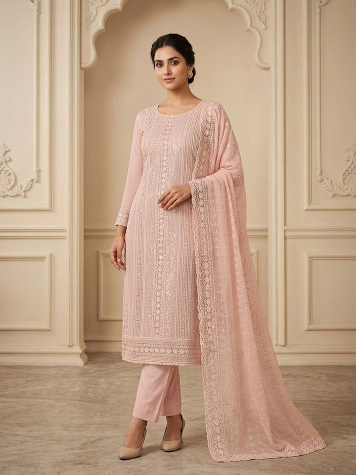 Peach Georgette Embroidered Unstitched Dress Material