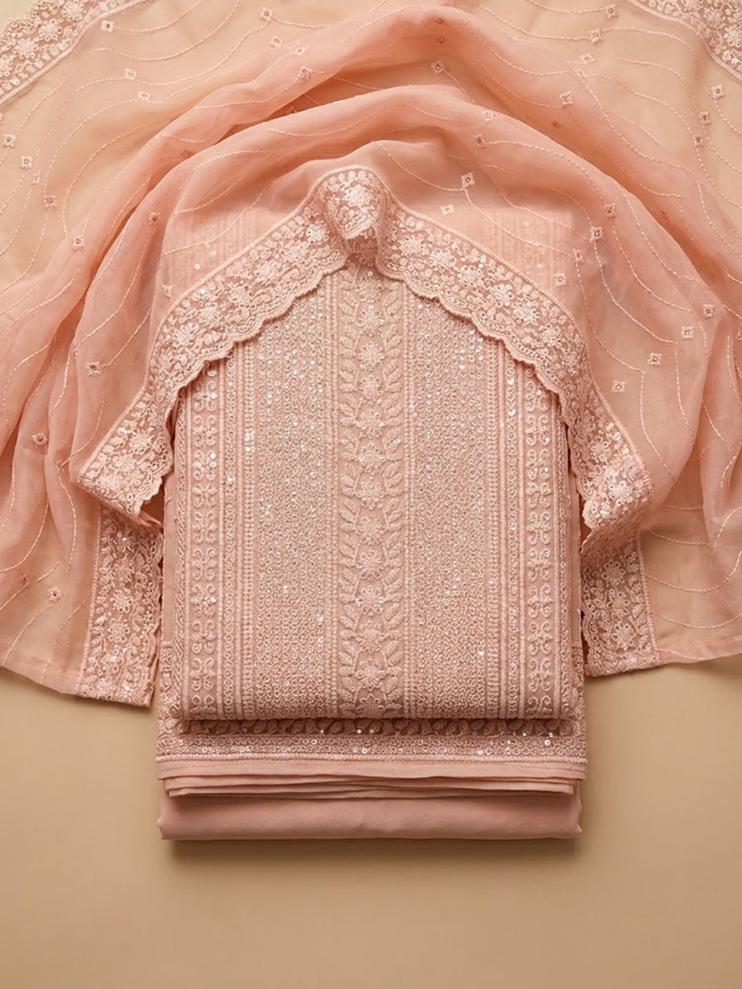 Peach Georgette Embroidered Unstitched Dress Material