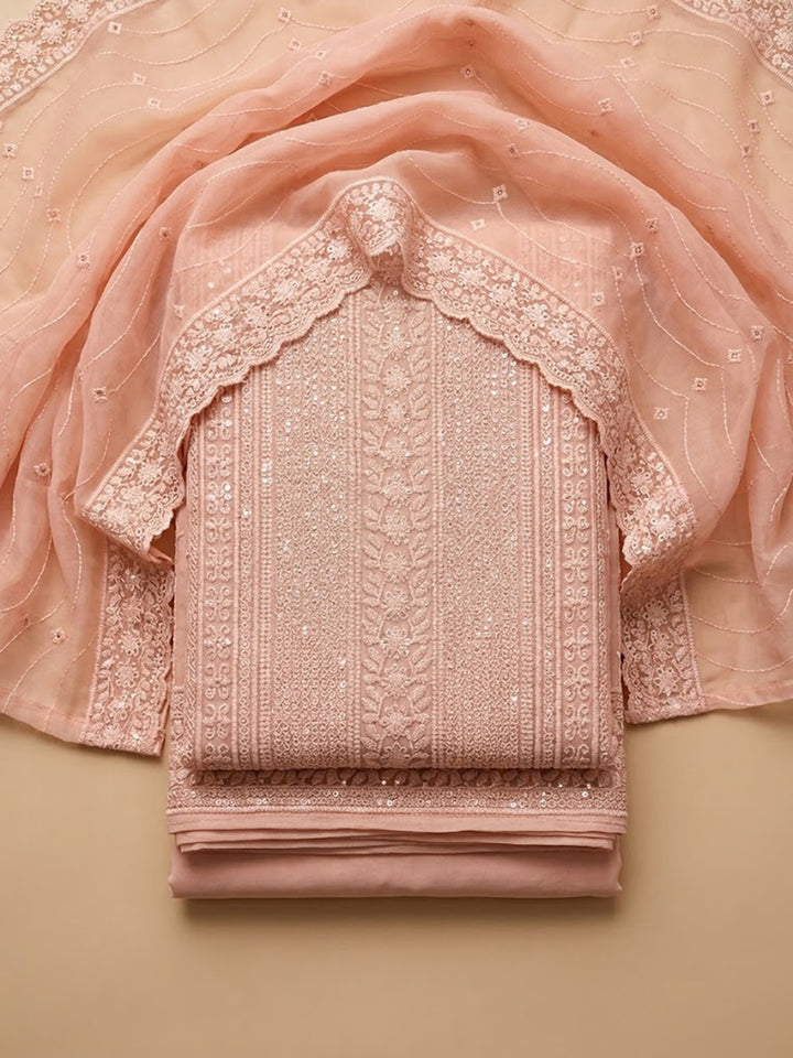 Peach Georgette Embroidered Unstitched Dress Material