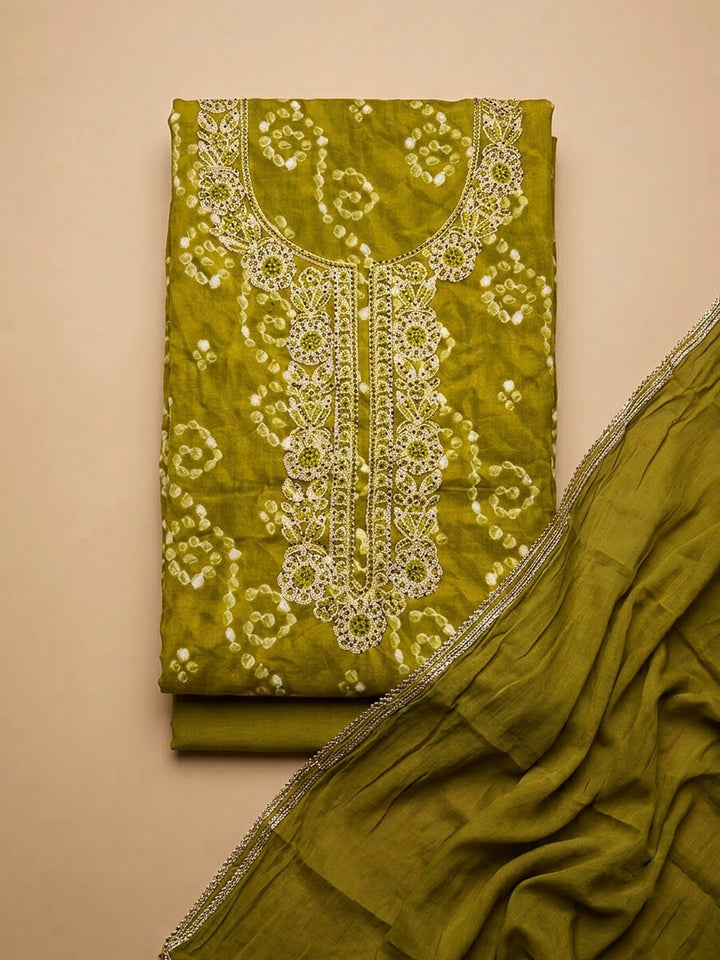 Mehndi Cotton Blend Embroidered Unstitched Dress Material