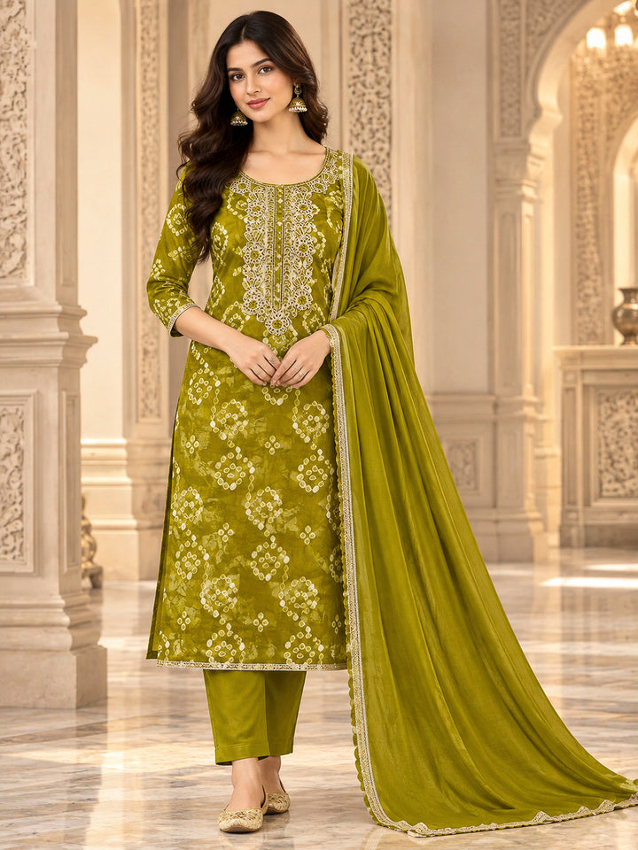 Mehndi Cotton Blend Embroidered Unstitched Dress Material