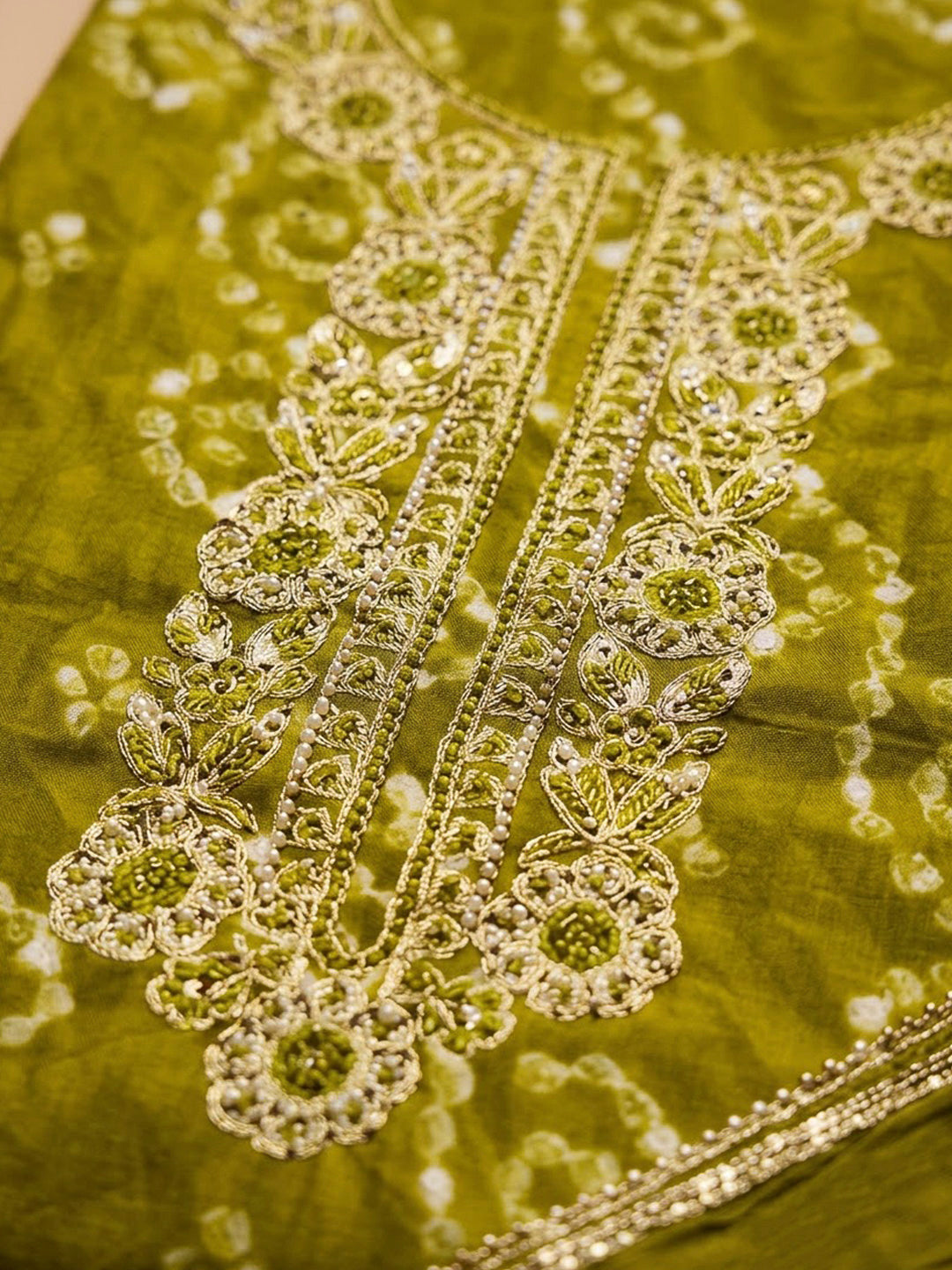 Mehndi Cotton Blend Embroidered Unstitched Dress Material