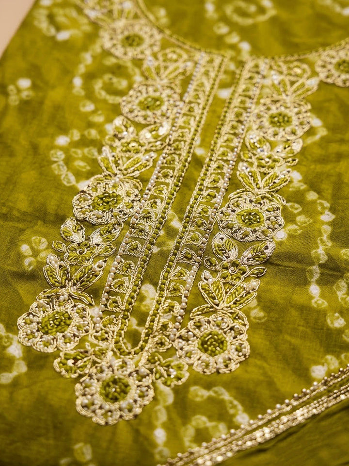 Mehndi Cotton Blend Embroidered Unstitched Dress Material