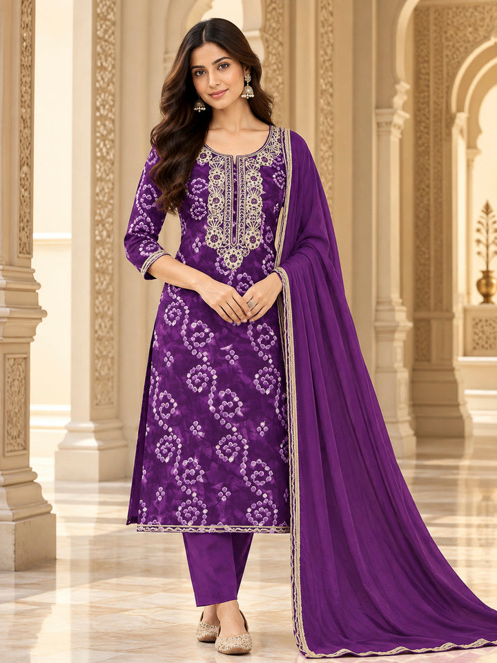 Purple Cotton Blend Embroidered Unstitched Dress Material