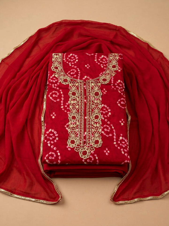 Red Cotton Blend Embroidered Unstitched Dress Material