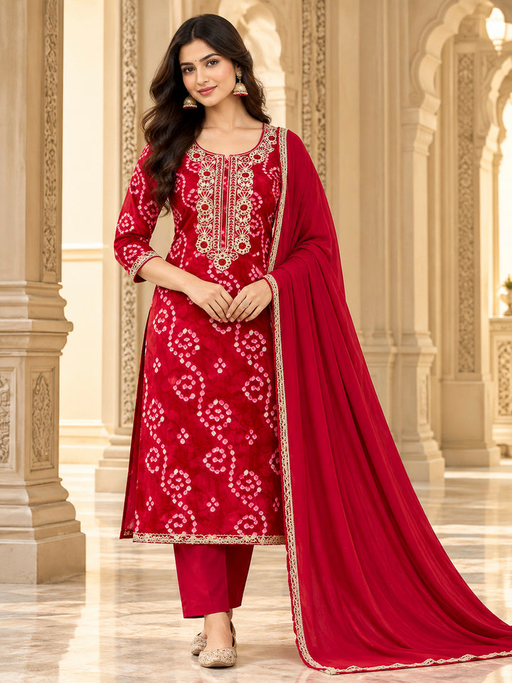 Red Cotton Blend Embroidered Unstitched Dress Material