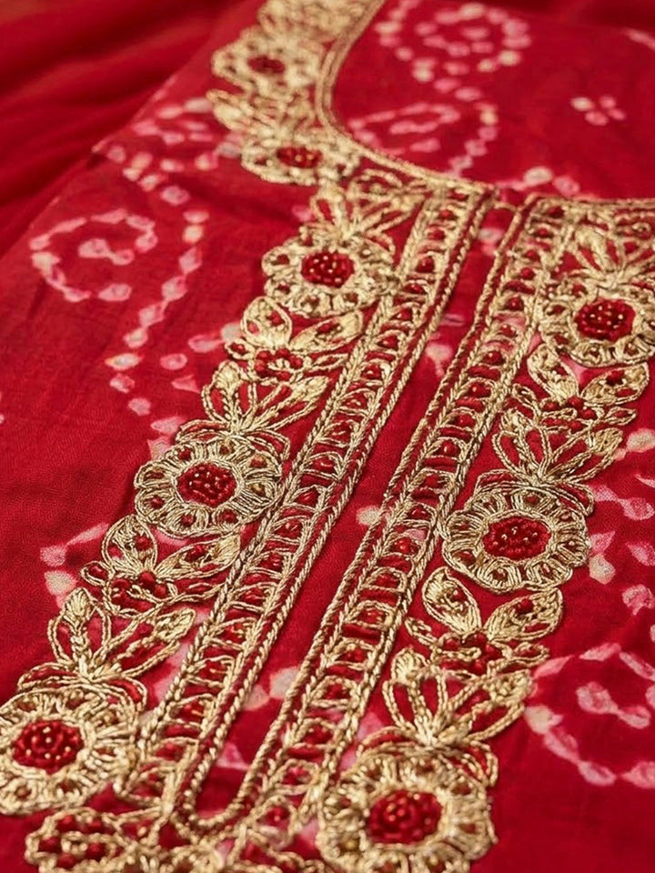Red Cotton Blend Embroidered Unstitched Dress Material