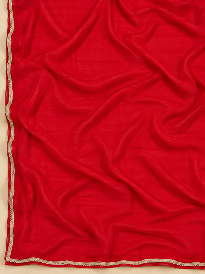 Red Cotton Blend Embroidered Unstitched Dress Material