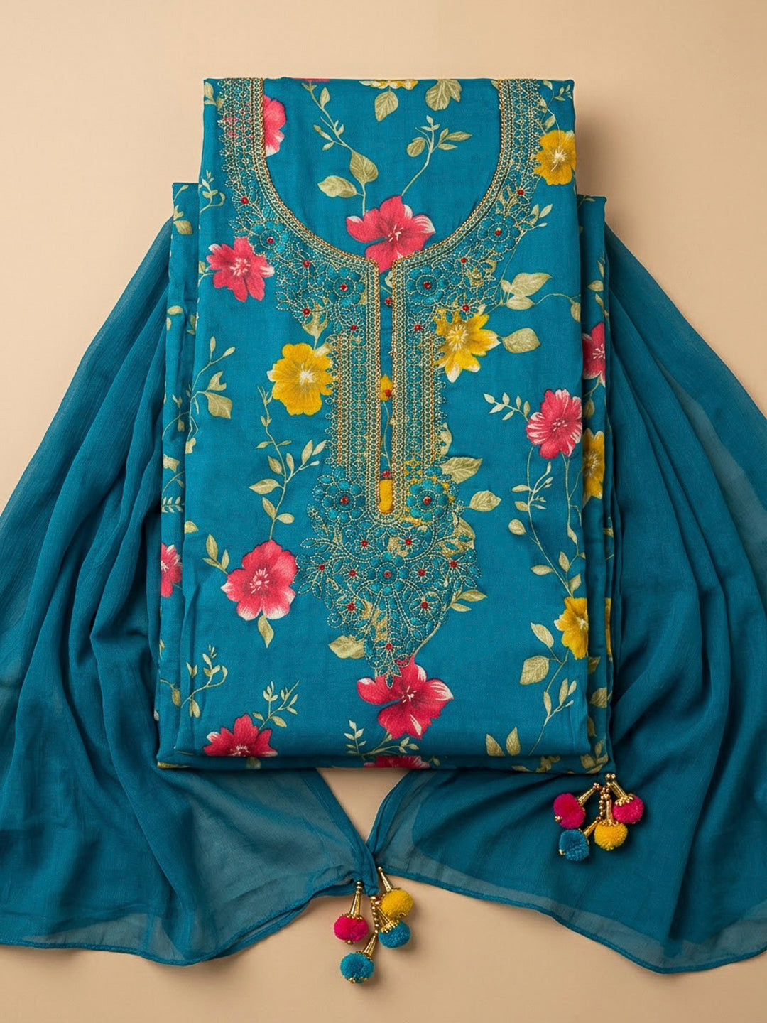 Blue Cotton Blend Embroidered Unstitched Dress Material