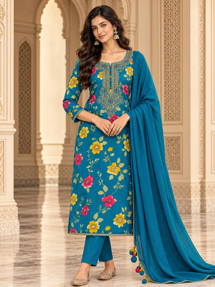 Blue Cotton Blend Embroidered Unstitched Dress Material