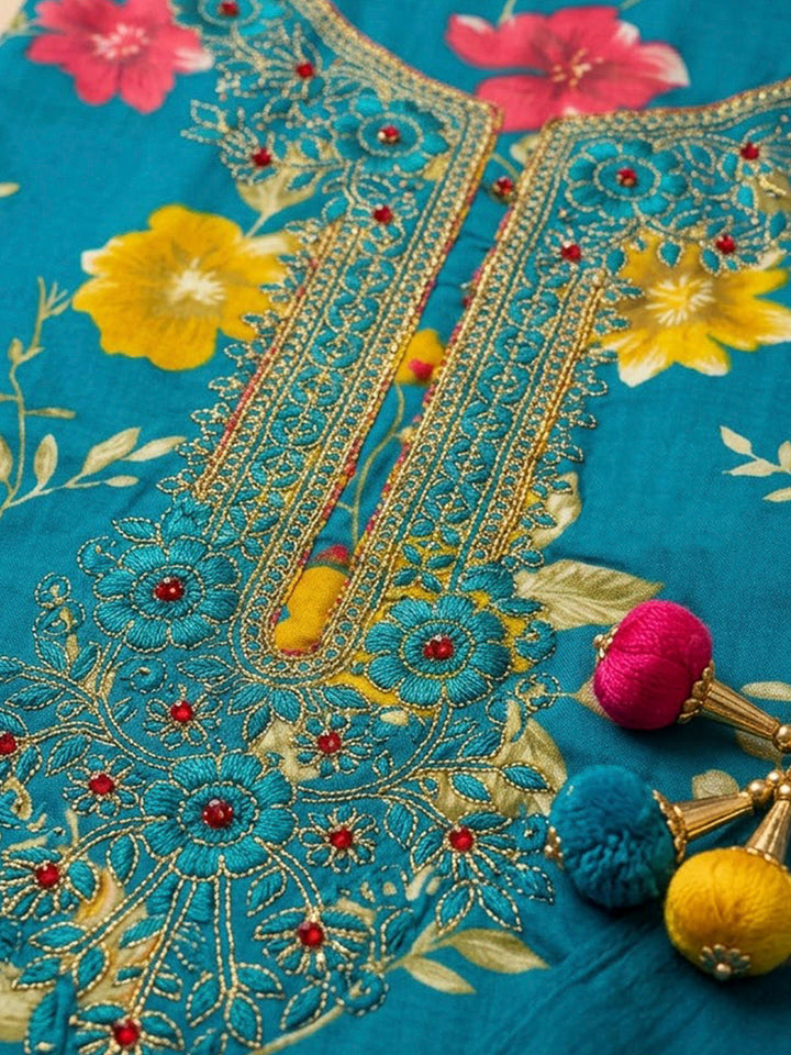 Blue Cotton Blend Embroidered Unstitched Dress Material