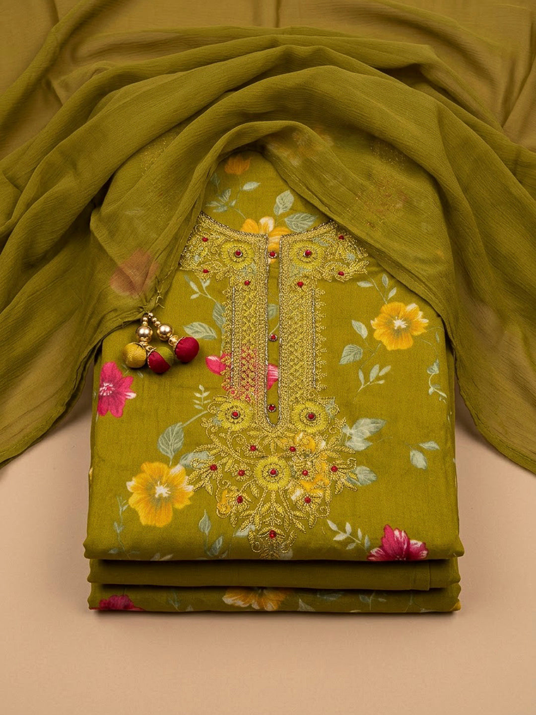 Mehndi Cotton Blend Embroidered Unstitched Dress Material