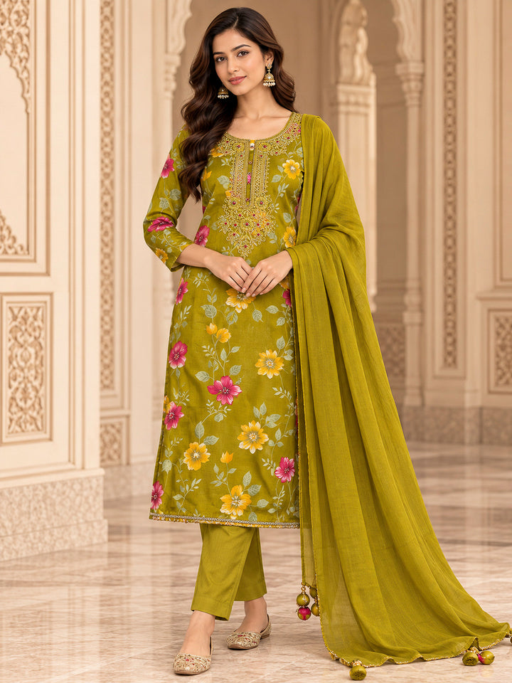 Mehndi Cotton Blend Embroidered Unstitched Dress Material