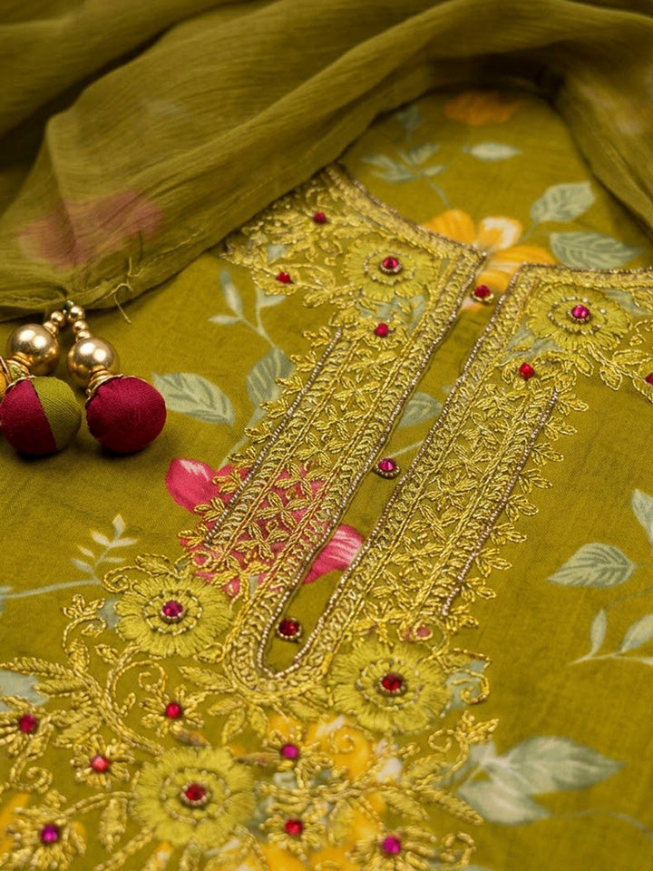 Mehndi Cotton Blend Embroidered Unstitched Dress Material