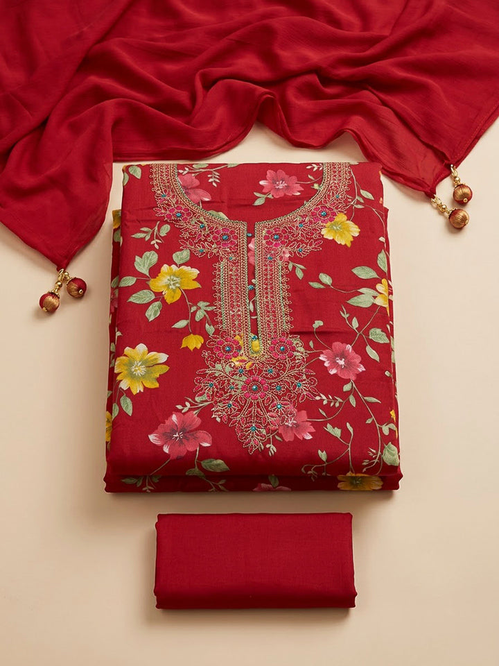 Red Cotton Blend Embroidered Unstitched Dress Material