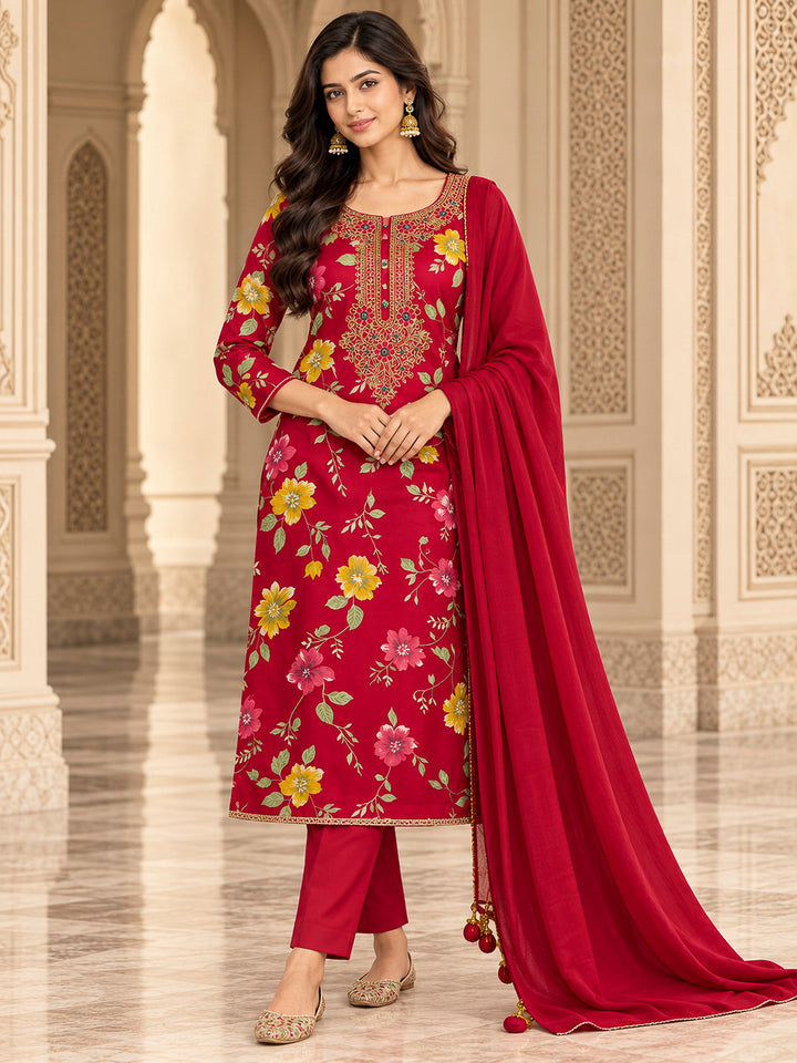 Red Cotton Blend Embroidered Unstitched Dress Material