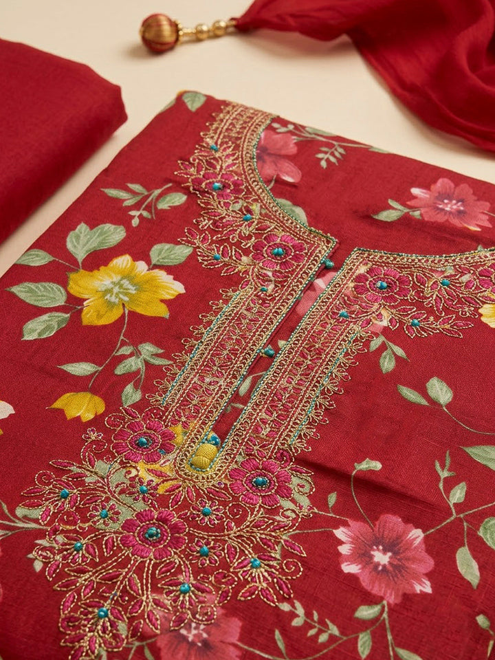 Red Cotton Blend Embroidered Unstitched Dress Material