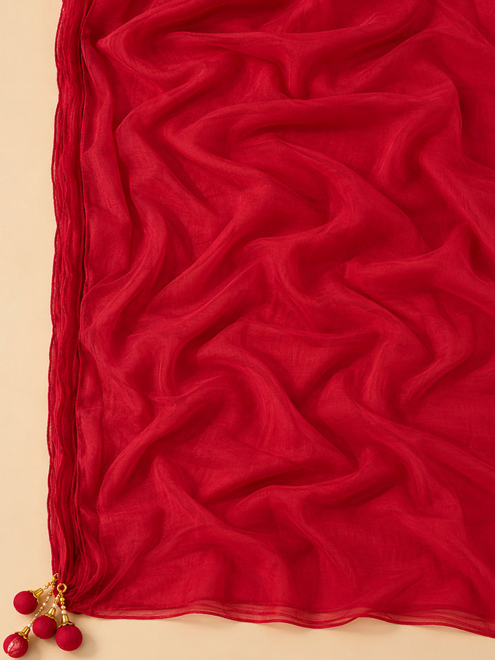 Red Cotton Blend Embroidered Unstitched Dress Material