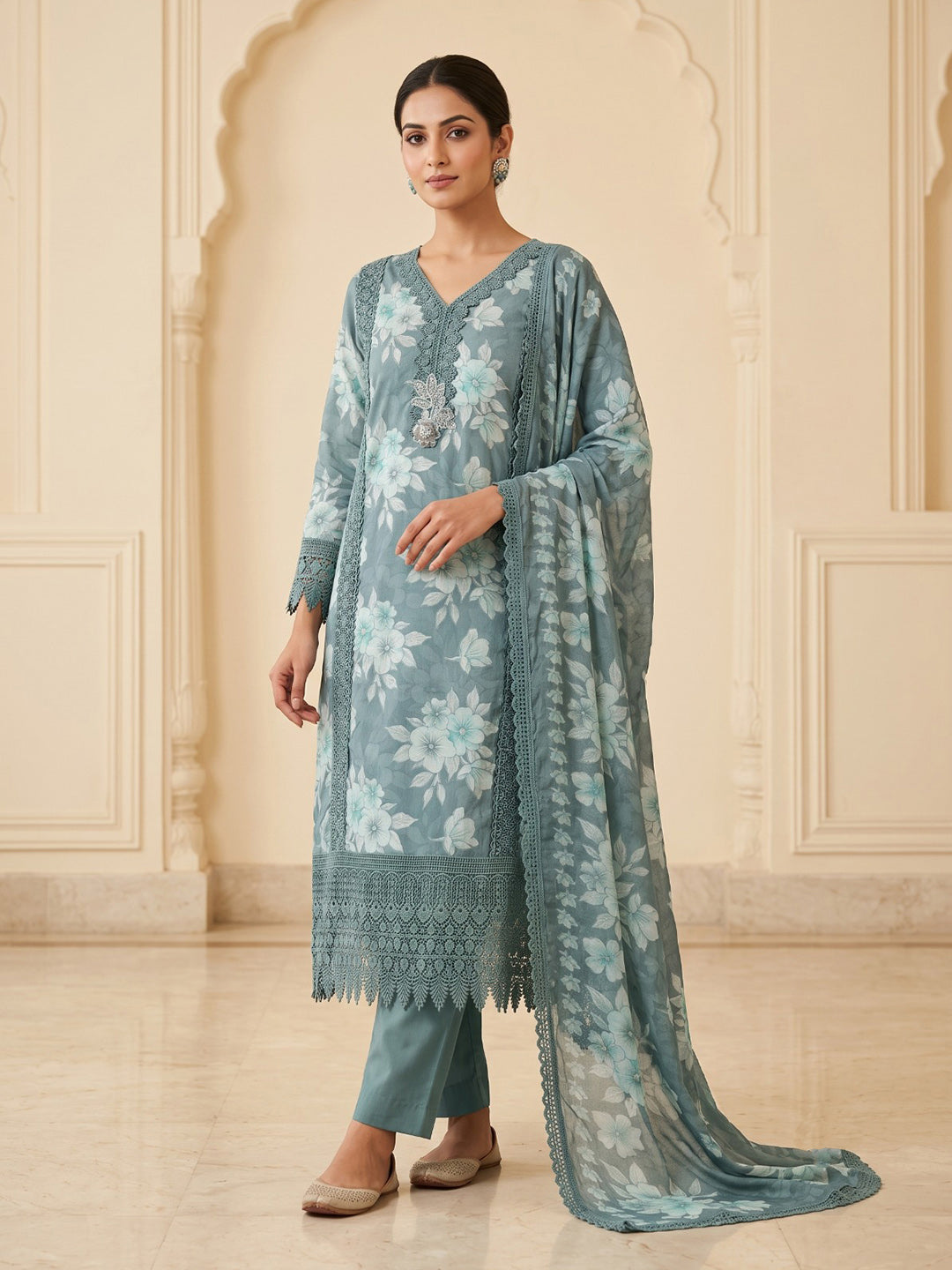 Grey Cotton Blend Printed Unstitched Dress Material