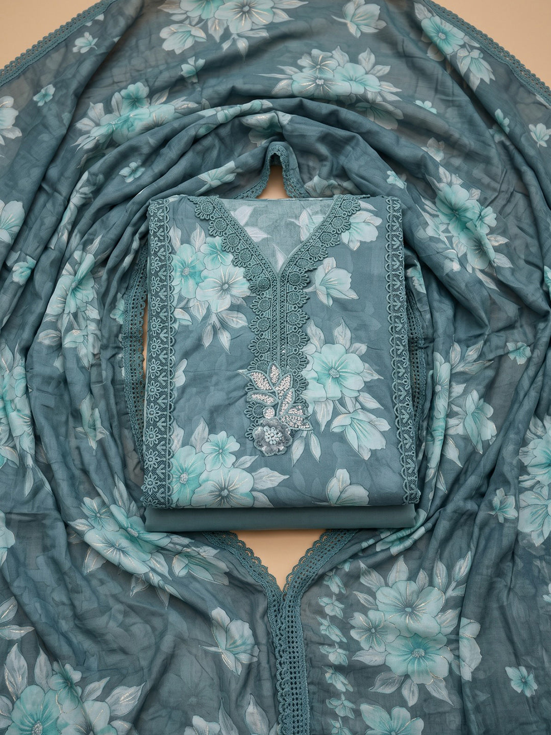 Grey Cotton Blend Printed Unstitched Dress Material