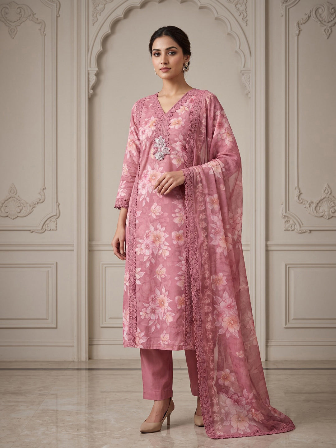 Onion-Pink Cotton Blend Printed Unstitched Dress Material