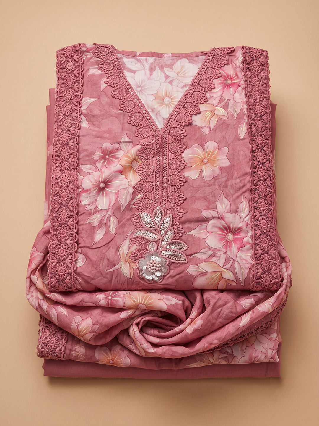 Onion-Pink Cotton Blend Printed Unstitched Dress Material