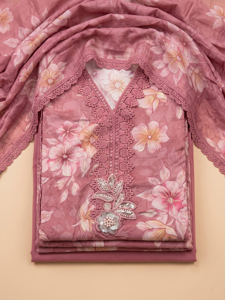 Onion-Pink Cotton Blend Printed Unstitched Dress Material