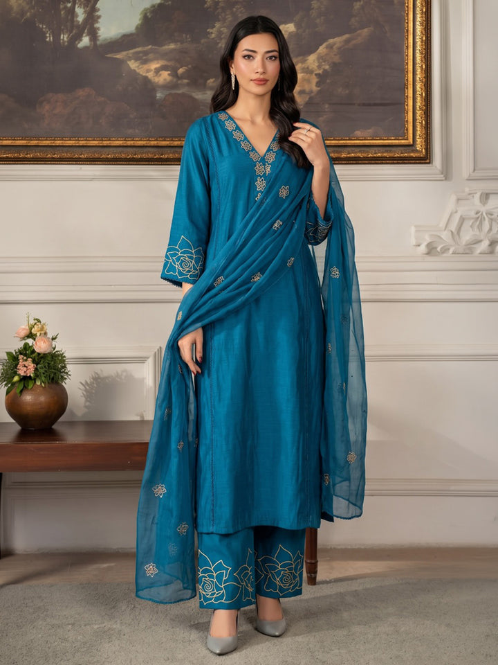 Blue Printed Chanderi Kurta With Pant &amp; Dupatta