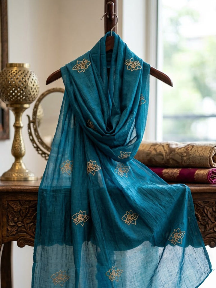 Blue Printed Chanderi Kurta With Pant &amp; Dupatta