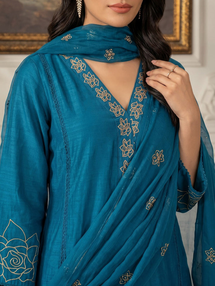 Blue Printed Chanderi Kurta With Pant &amp; Dupatta