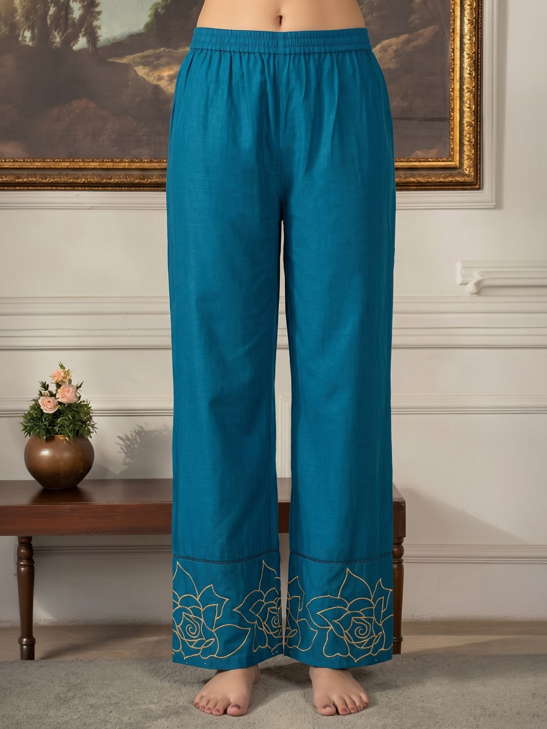 Blue Printed Chanderi Kurta With Pant &amp; Dupatta