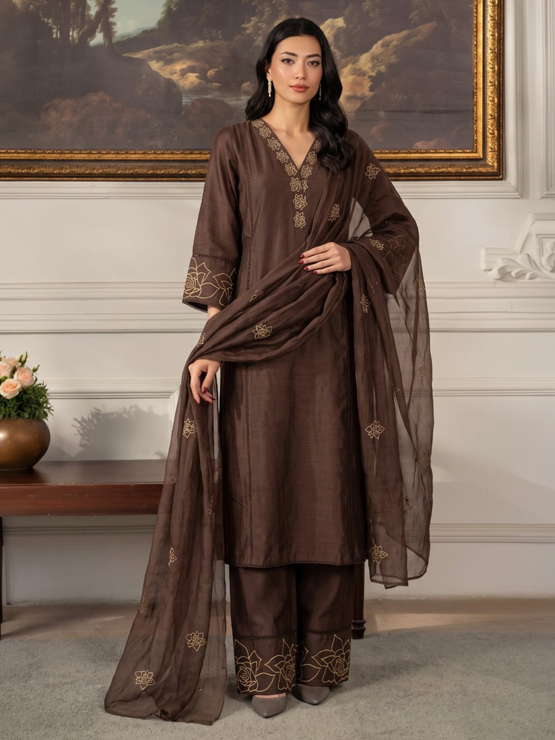 Brown Printed Chanderi Kurta With Pant &amp; Dupatta