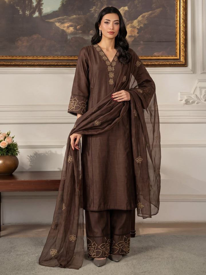 Brown Printed Chanderi Kurta With Pant &amp; Dupatta