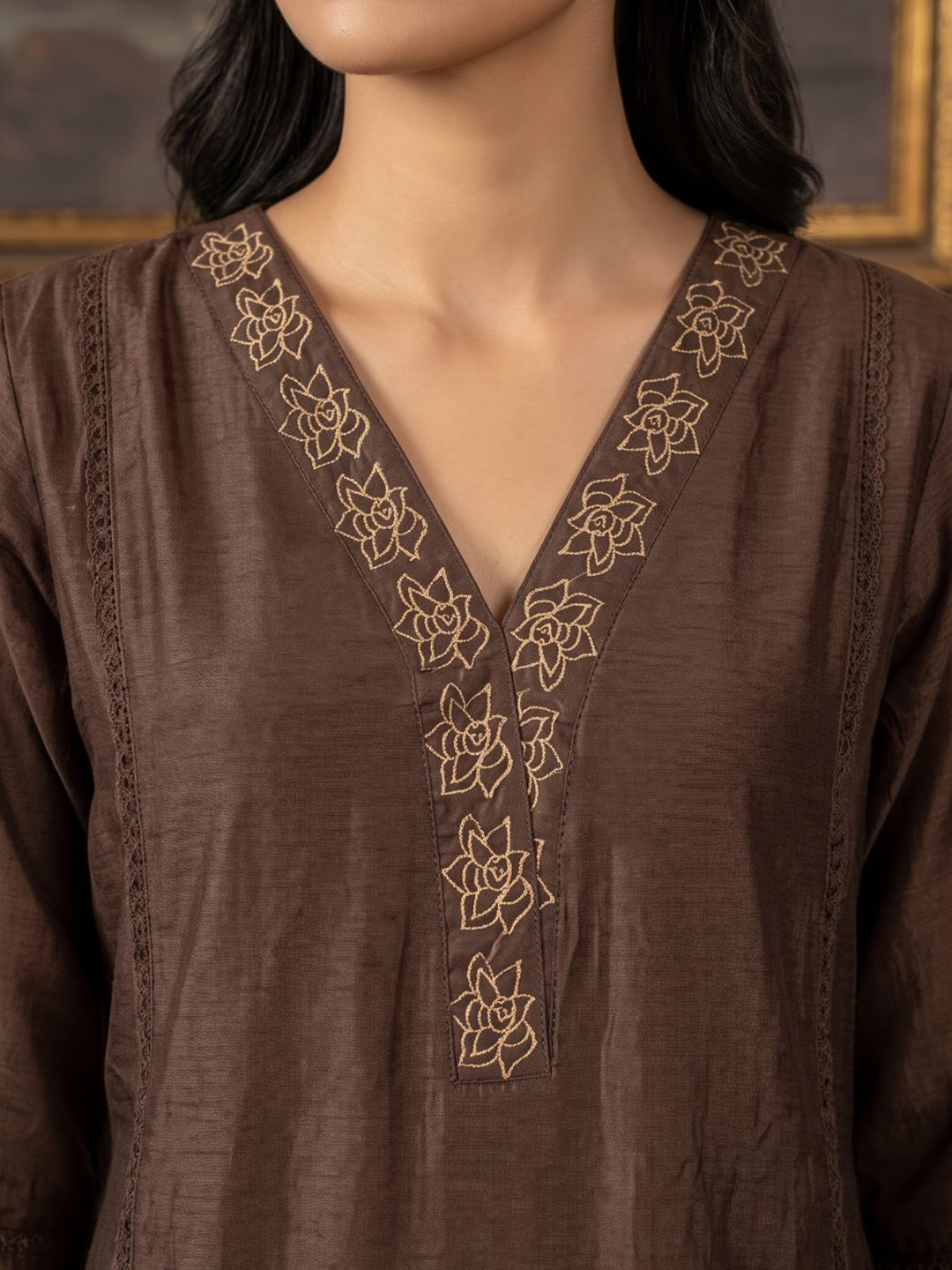 Brown Printed Chanderi Kurta With Pant &amp; Dupatta