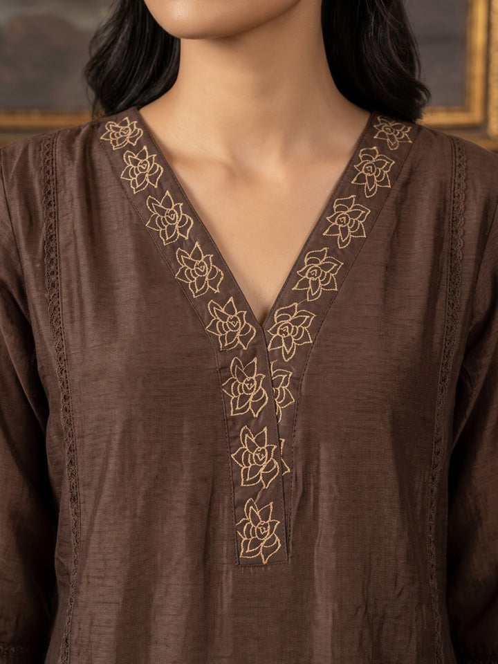 Brown Printed Chanderi Kurta With Pant &amp; Dupatta